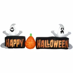 Gemmy Lightshow Airblown-Micro Lights-Sign-Happy Halloween with Ghosts and JOL-LG Scene (White)